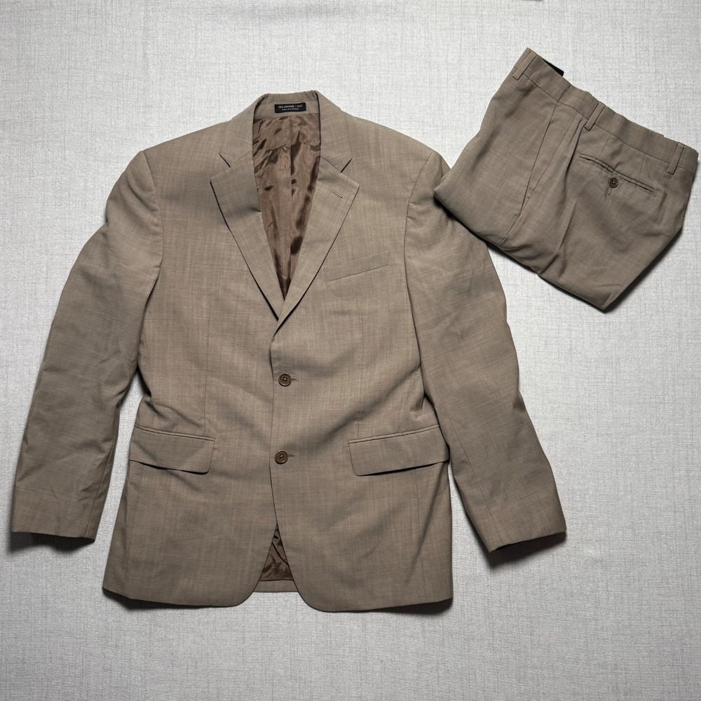 VTG John Varvatos USA Bedford Wool Suit Taupe Brown Flat Front Hemmed Pants 38S